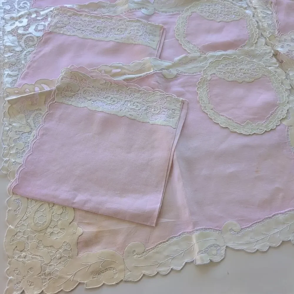 Vintage Pink & Ecru Hostess Set: Placemats, Napkins, Coasters, 6 sets, 18 pieces